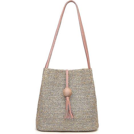 Boho-Handtasche aus Stroh und Rattan für Damen, handgestrickte Schultertasche, Pompon-Beuteltasche für den Sommer – Rosa-Pink (1/5)