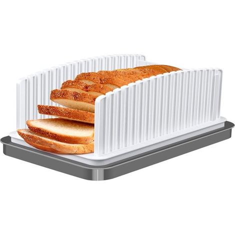 Coupe-pain pliable avec planche et bac d'égouttage, coupe-pain manuel réglable pour tranches de différentes épaisseurs, outil pour pain et gâteaux, blanc et gris, 1 pièce (1/5)