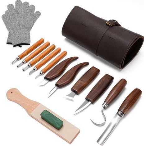 Ciseaux à Bois, 15 in 1 Outils de Sculpture Bois, Outillage Bois avec 5 Couteau Sculpture Bois, Professionnel/Junior Outil de Ciseaux a Bois Kit DIY avec Gants Anti-coupures (1/4)