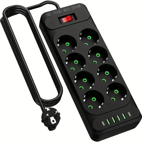 Steckdose mit USB- und Typ-C-Anschlüssen, 8-Loch-Steckdose, Küchensteckdose mit 2 Meter Kabel (1 Stück). (1/5)