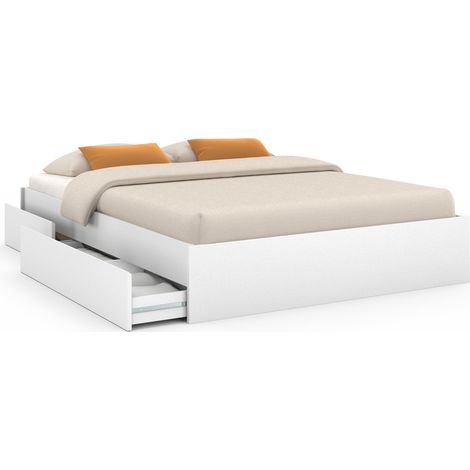 Idmarket – Cadre de lit double avec 4 tiroirs – Sommier 140 x 190 cm – Dimensions 195 x 144.5 x 30 cm – Panneaux de particules blanc