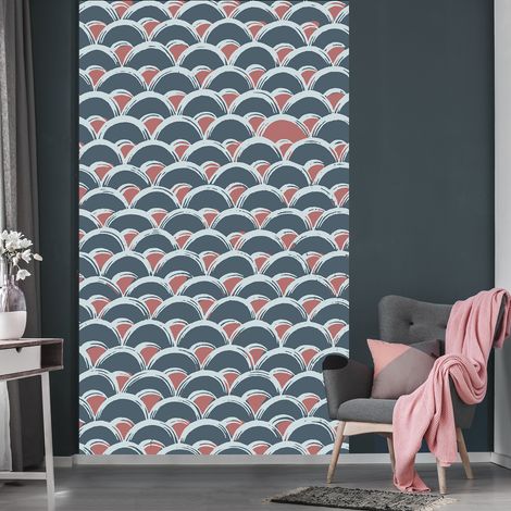 Papier peint intissé 250x150cm, motif éventail blanc/bleu/rouge, panoramique pour décoration intérieure. (1/2)