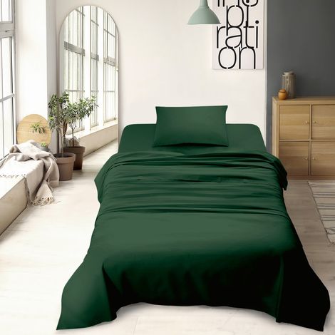 Set Lenzuola 100% Cotone Di Flanella Completo Letto Made In Italy Anti-Pilling Tinta Unita Lenzuolo Sopra Sotto Federe Verdone - Piazza e mezza