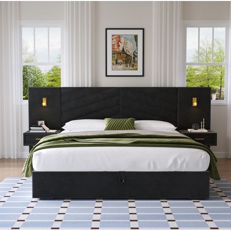 Lit king moderne en velours noir 266x205 cm avec coffre relevable, tête de lit à oreilles et 2 chevets suspendus