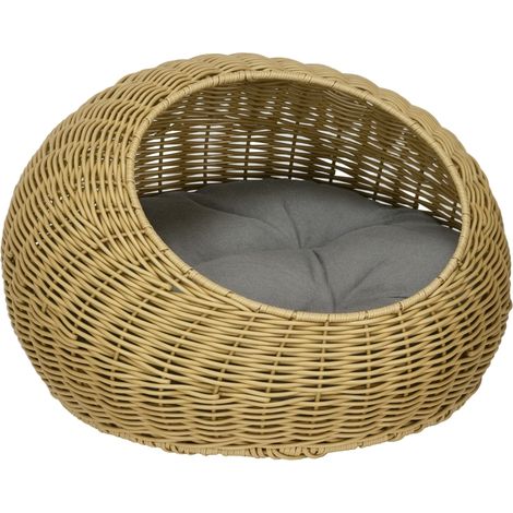 Maison pour chat en rotin synthétique avec coussin lavable pour animaux jusqu'à 4 kg intérieur 50x31 cm marron clair (1/5)