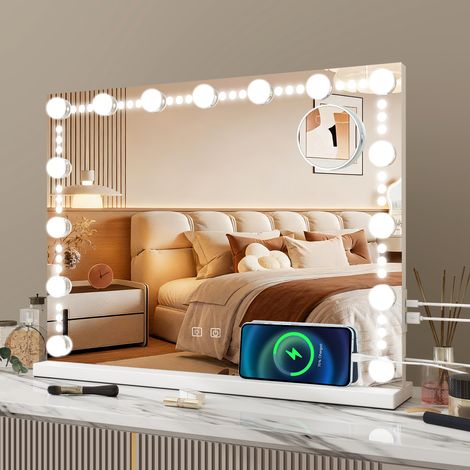 Puluomis LED Miroir de Maquillage 58x45cm Miroir cosmétique de 3 couleurs de lumière avec luminosité réglable, avec bande à points lumineux + 15 ampoules, ports USB et Type-C, avec Ecran Tactile & Gro (1/5)