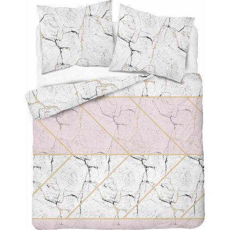 Parure de lit 160x200 cm en microfibre satinée, gris marbré et rose (1/5)