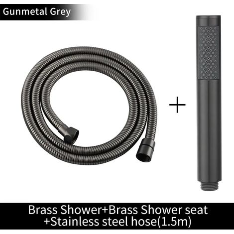 Ensemble complet gris : pommeau de douche à main en laiton doré brossé, douchette de bain noire mate, pommeau de douche effet pluie blanc, finition chromée économique. (1/4)