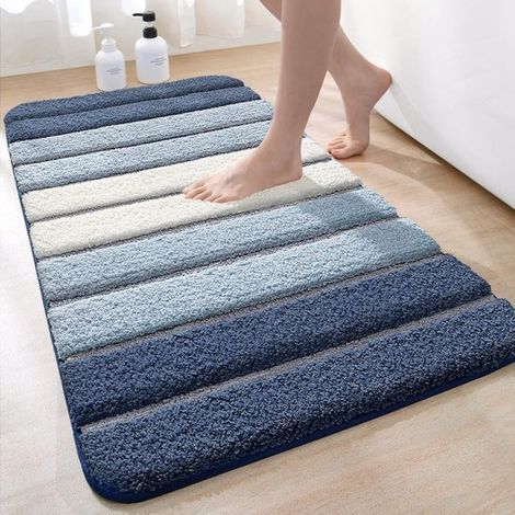 50 x 80 cm große Badematte, rutschfeste, weiche und saugfähige Mikrofaser-Fußmatte, maschinenwaschbare, superweiche und dicke Fußmatte, gestreifte Eingangsmatte, blau (1/5)