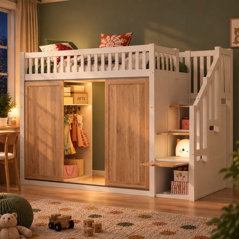 Lit enfant 90x200 cm, surélevé multifonction, armoire, armoire escalier, LED coloré, sans matelas, blanc/chêne (1/5)