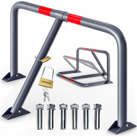 Barrière de parking rabattable en acier thermolaqué – Dimensions 80x47x44 cm – Verrouillable avec cadenas – Bandes réfléchissantes