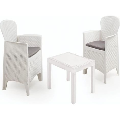 Salotto da Giardino Akita 3pz Bianco White con Cuscini 1 Tavolo + 2 Poltrone