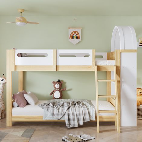 Lit superposé pour enfants 90x200cm, avec étagères latérales à trois niveaux, barrières de sécurité et échelle. Structure en pin, blanc+naturelle. (1/5)