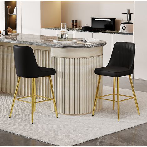 Lote de 2 taburetes de bar con respaldo, 100 cm, PU negro, metal dorado, OKWISH (1/5)