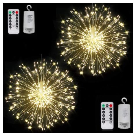 Guirlandes lumineusesPack de 2 feux d'artifice 150 LED fil de cuivre Starburst guirlandes lumineuses 8 modes guirlandes lumineuses à piles avec télécommande (blanc chaud) (1/5)