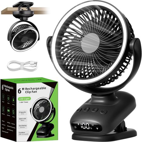 Mini Fan Quiet, 10000mah USB Rechargeable Fan of Table, Pliers Fan Desk with Oscillation Automatic, Timer and Lamp LED for Bedroom Camping Car Stroller (1/5)