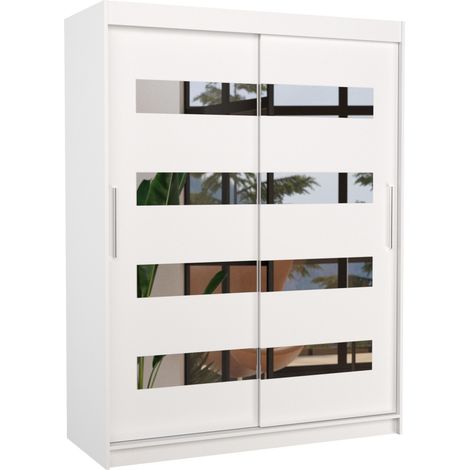 Armoire de chambre blanche 2 portes coulissantes blanc et miroirs horizontaux Bozika 150cm (1/5)