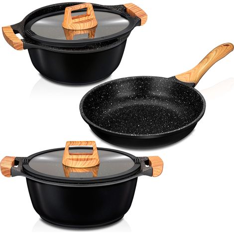 Smile Wood Batería Cocina Inducción 3 Piezas Aluminio Fundido Antiadherente ILAG sin PFOA Set Cazuelas Sartén Negro