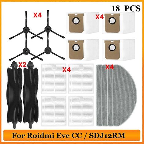 Pièce de rechange pour aspirateur robot Eve CC / SDJ12RM : rouleau principal, brosse latérale, filtre HEPA, lingette de nettoyage et sacs à poussière. (1/5)