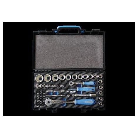 Coffret cliquet et douilles 55 pièces – Douilles 6 pans métriques – Cliquets 1/4' et 1/2' avec angle de reprise 5° – Coffret en plastique robuste – King Tony
