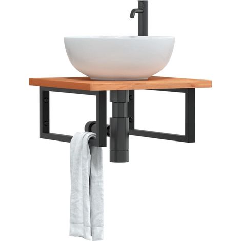 Waschbeckenregal Wandmontage Stahl und Massivholz Buche