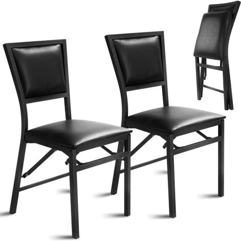 COSTWAY Set of 2 Padded Folding Chair, Metal Frame Counter Height Dining Chairs w/ Sponge Seat & Backrest, Kitchen Restaurant Conference Office Seat, 130kg Weight Capacity (Black, 46x49x85cm)