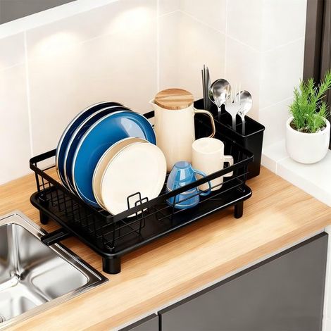 Égouttoir à vaisselle en acier inoxydable – 2 en 1 avec bac de récupération et porte-couverts – Pour assiettes, bols et verres – Compact pour plan de travail – Noir (1/5)