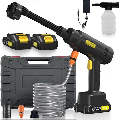 Nettoyeur Haute Pression sans Fil 25Bar, Nettoyeur Haute Pression sur Batterie avec 2 Batteries, 6 en 1 Buse, 5M Tuyau et Boîte de Rangement pour Voiture, Jardin, Terrasse, Maison, Arrosage (1/5)