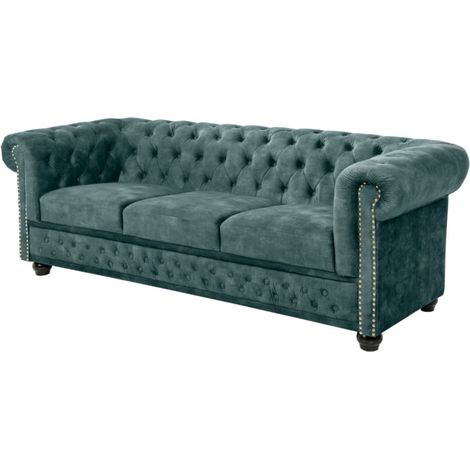 Divano diritto EDGAR - Blu pavone - 3 posti - Velluto stile barocco