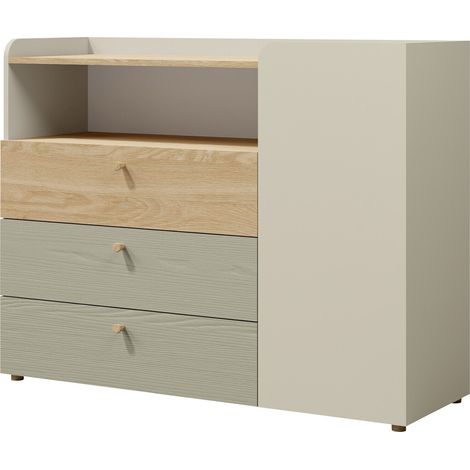 Commode Domcali 108, Gris + Chêne, Tiroirs et portes, Nombre de tiroirs: 3, 93x120x40cm (1/4)