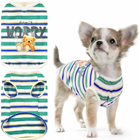 T-Shirt Pour Chien - Rayures Vert En Coton Respirant - Vêtement Petit Chien Chat - Taille M (1/5)
