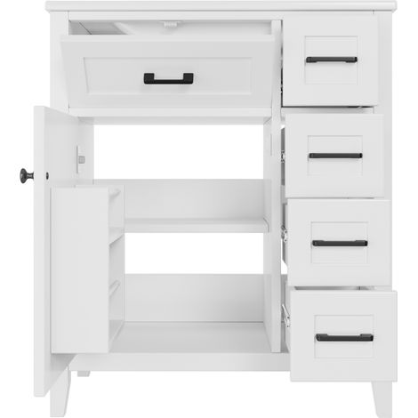Meuble de salle de bain sur pied 76x46x90 cm avec vasque céramique intégrée, MDF laqué blanc, poignées noires (1/5)