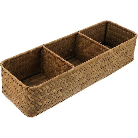 Boîte de rangement à 3 compartiments en jonc de mer tressé, idéale pour ranger divers petits objets.-37X12X8CM-Yellow