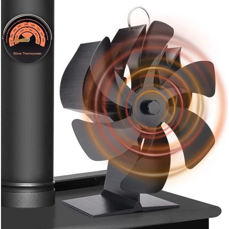 Fireplace and Stove Accessory, 6 Blades Wood Stove Fan, Heat Powered Fireplace Fan with Thermometer, Eco-Friendly for Wood/Fireplace/Gas/Stove Logs Fireplace and Stove Accessory