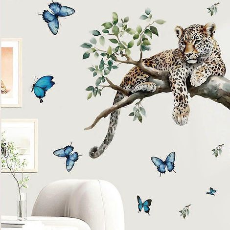 Stickers muraux léopard sur branche avec papillons bleus, autocollants muraux en PVC, décoration inspirée par la nature pour salon, chambre, bureau, 30 x 80 cm (1/3)