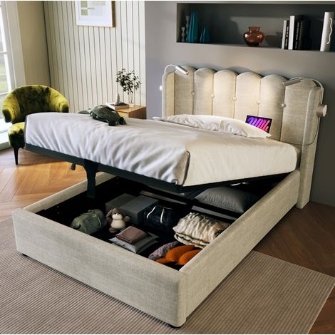 letto contenitore 90x200 USB luce lettura lino naturale OKMYHOME (1/5)