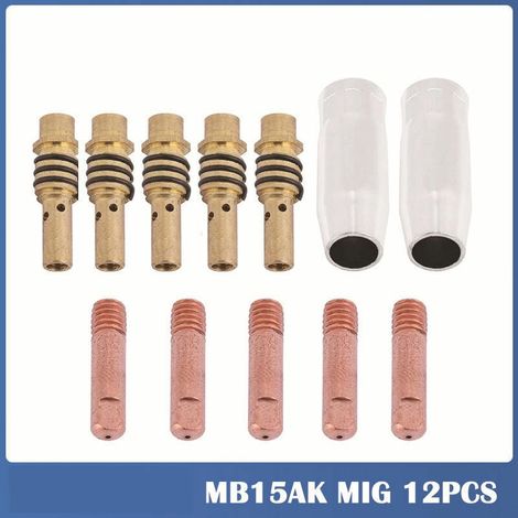 12 piezas para máquina de soldadura MIG sin gas 15AK, boquillas de soldadura MIG/MAG, puntas de contacto de 0,8 mm, soporte de conector de gas, boquilla de gas cónica, soporte de tubo de contacto, con (1/5)