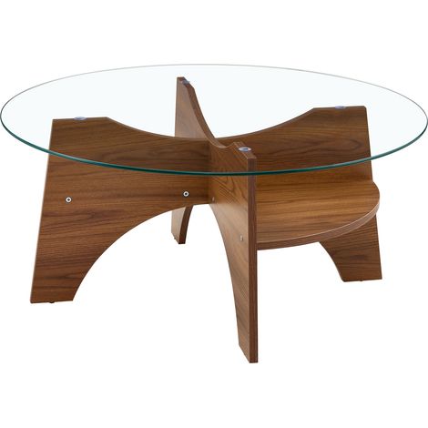 Moderner runder Couchtisch aus gehärtetem Glas Ø 80 cm mit MDF-Basis in Walnussoptik (1/5)