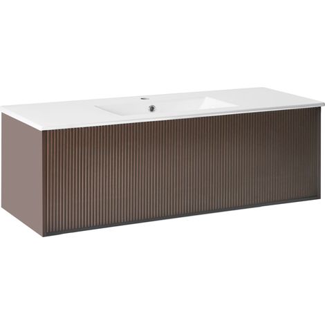 Beliani – Meuble sous-vasque 120 cm avec lavabo céramique – MDF laqué marron – Tiroir à fermeture douce – Espace de rangement fonctionnel (1/5)