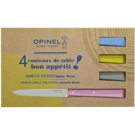 OPINEL Opinel - Boîte de 4 Couteaux de Table N°125 Bon Appétit Campagne - Lame Acier Inox - Manche Charme - Fabrication Française - Rose, Gris, Tilleul et Azur (1533) (1/3)