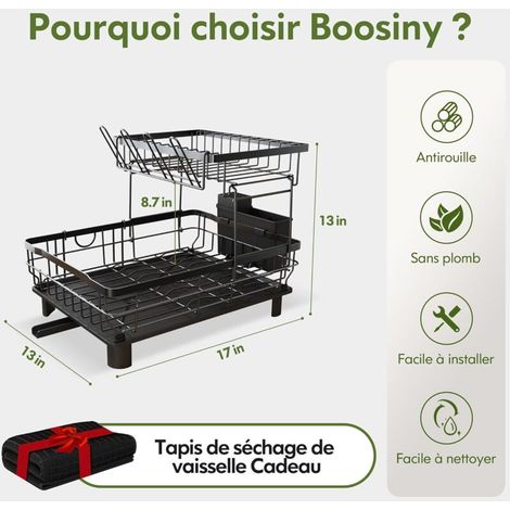 Escurridor de platos de cocina de 2 niveles, escurridor de platos de acero inoxidable con soporte para tazas y soporte para utensilios, escurridor de platos grande negro con drenaje automático (pa (1/3)