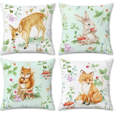 Animal Cushion Covers 45 x 45 cm, Set of Rabbit Fox Deer Squirrel Spring Outdoor Children's Velvet Decorative Pillow Cases for Sofa, Living Room, Garden (1/4)