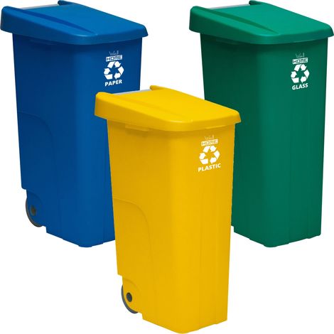 Pack de recyclage Wellhome Container I Recycle 110 litres fermé chacun : 330 litres au total, dans 3 conteneurs, dans les couleurs bleu / vert / jaune (1/5)