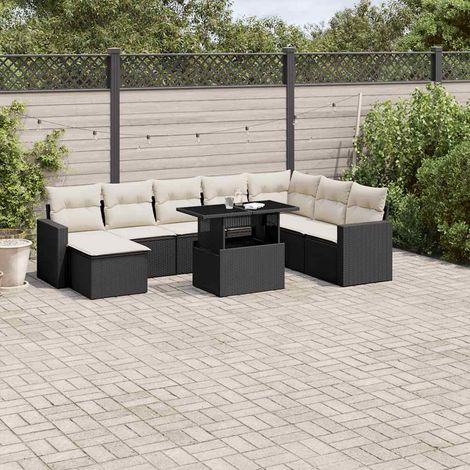 Ensemble de jardin 9 places en résine tressée noire avec coussins crème - Table extensible verre trempé - Mobilier d'extérieur modulaire (1/5)