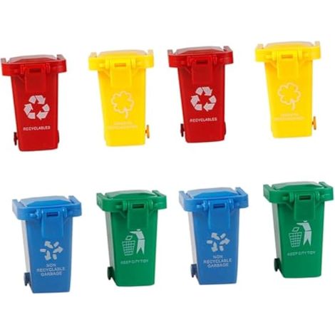Lot de 8 poubelles en plastique avec couvercle à charnière et roulettes - Mini jouets éducatifs de tri des déchets (1/5)