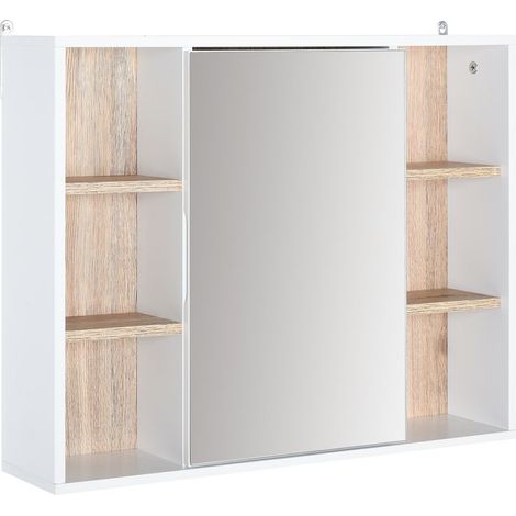Armoire murale, meuble salle de bain avec miroir, miroir salle de bain avec rangement, placard à portes et 6 compartiments ouverts, 60 x 14,5 x 49,4 cm, blanc (1/5)