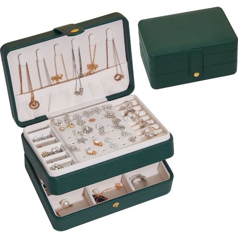 Kleine Schmuckschatulle, Reiseorganizer, tragbare Schmuckschatulle, ideal als Geschenk für Frauen und Mädchen, doppellagiges Schmuckkästchen aus PU-Leder für Ringe, Ohrringe und Halsketten – Dunkelgrü (1/5)