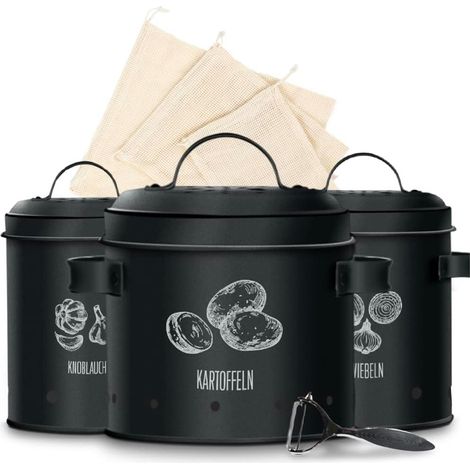 Boîte de rangement pour pommes de terre, lot de 3, métal, éplucheur et sac inclus