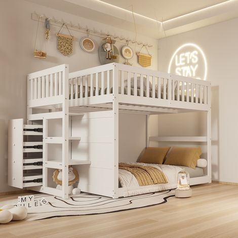 Lit adulte rangement 140x200 bois blanc avec escaliers HAVRYA (1/5)