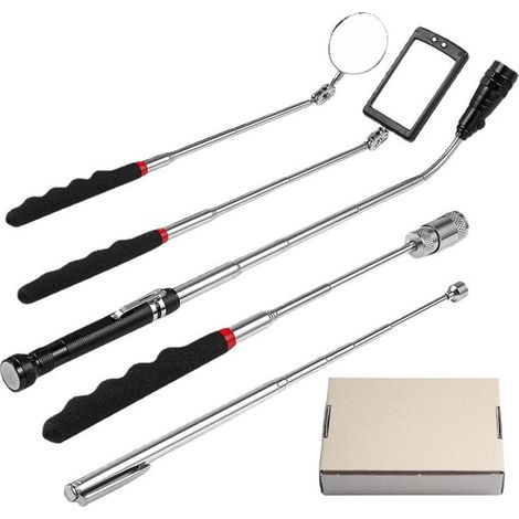 Outil de Préhension Magnétique, 1.5/20lb Outil de Ramassage Aimanté et Miroir d'Inspection Carré/Rond, Avec LED et Poignée Télescopique Pivoter à 360° (5Pcs) (1/5)